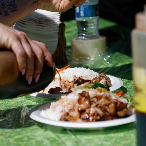 hand pouring sauce onto rice and chicken hand pouring sauce onto rice and chicken